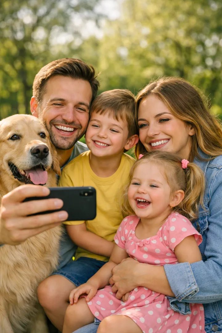 A family of four with their dog, smiling together outdoors