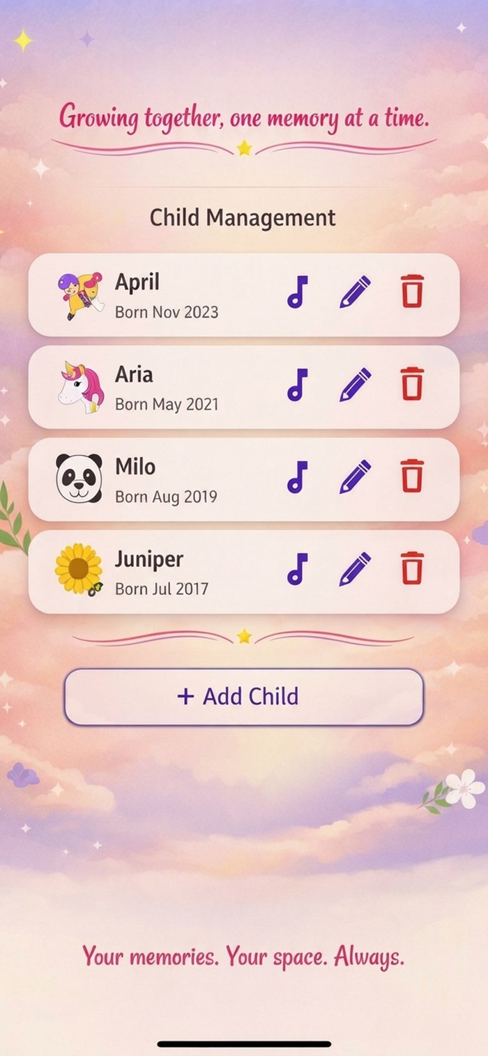 Tiny Trail child profiles screen showing multiple children