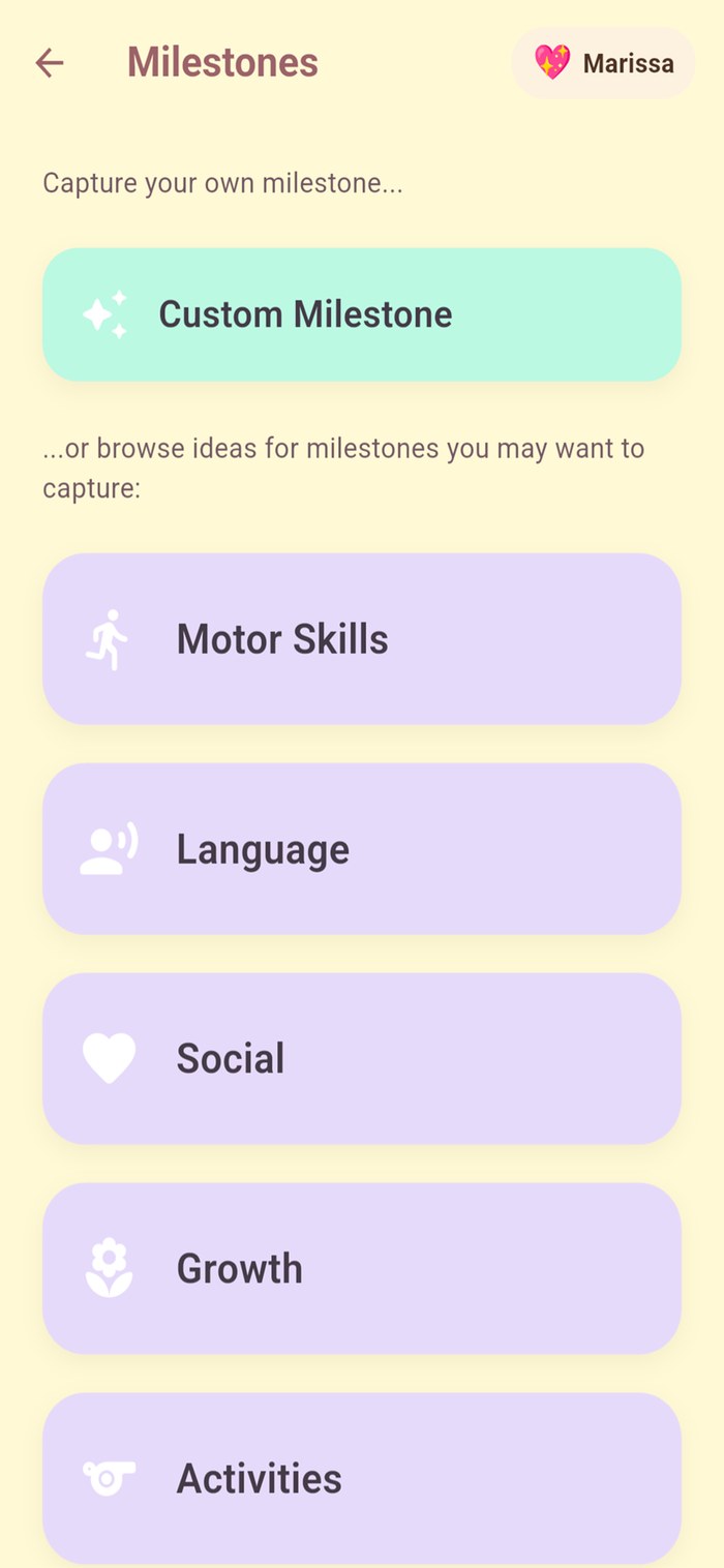 Tiny Trail milestone category picker with Motor Skills, Language, Social, Growth, and Activities